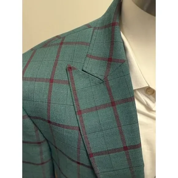Statement Italy Confidence Blazer Mens 42L Green Windowpane Plaid Wool Two Btn